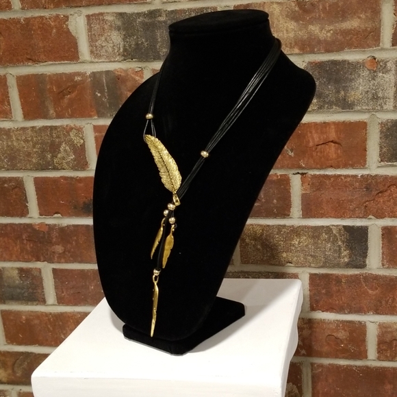 Black Leather Insipired Gold Pendant Necklace - Picture 3 of 7